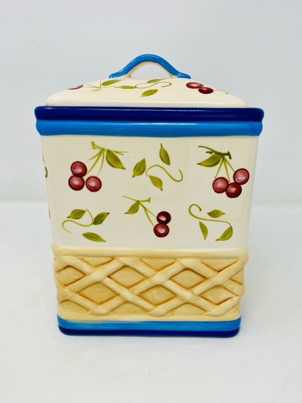 Ceramic Cherry Canister with Blue Trim